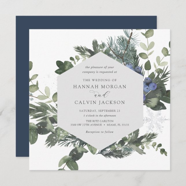Winter Evergreen Blue Wedding Invitation (Front/Back)