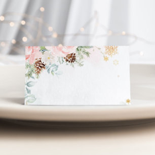 Winter evergreen blush pink food place cards