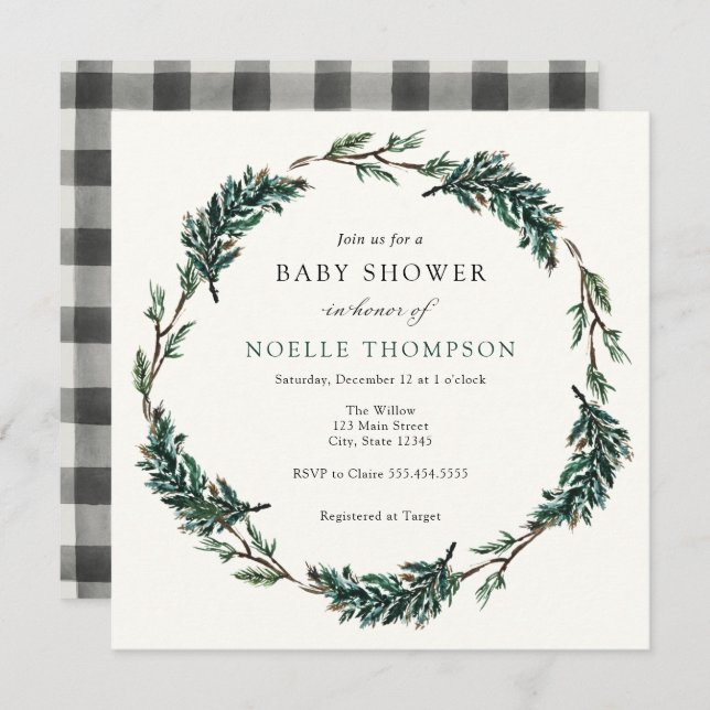 Winter Evergreen Buffalo Plaid  Invitation (Front/Back)