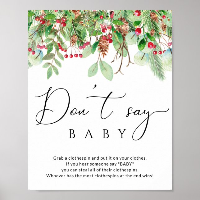 Winter evergreen Don't say baby shower game poster (Front)
