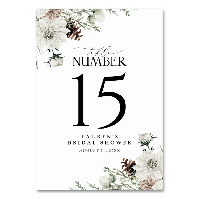 Winter Evergreen Elegant Bridal Shower Reception Table Number (Front)