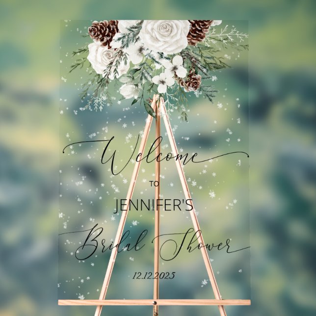 Winter evergreen elegant bridal welcome acrylic sign (Neutral)