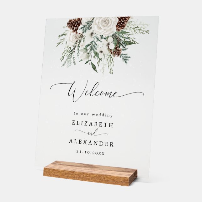 Winter evergreen elegant wedding welcome acrylic sign (Angle)