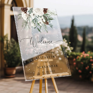 Winter evergreen elegant wedding welcome acrylic sign