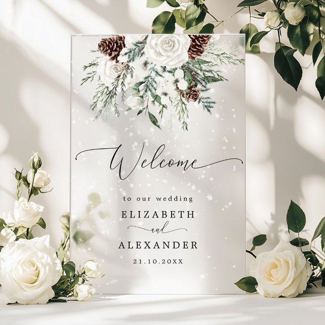 Winter evergreen elegant wedding welcome frosted acrylic sign (Creator Uploaded)