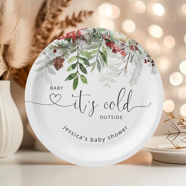 Winter evergreen festive foliage baby shower paper plate (Creator Uploaded)