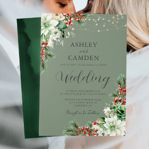 Winter Evergreen Floral Emerald Green Wedding Invitation