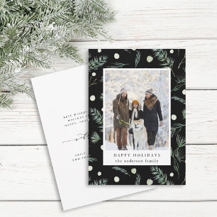 Winter Evergreen Foliage Photo Black Holiday Card
