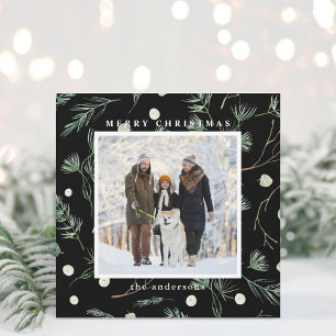 Winter Evergreen Foliage Photo Black Square Holiday Card