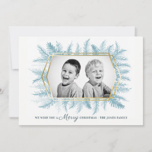 Winter evergreen foliage watercolor blue holiday card