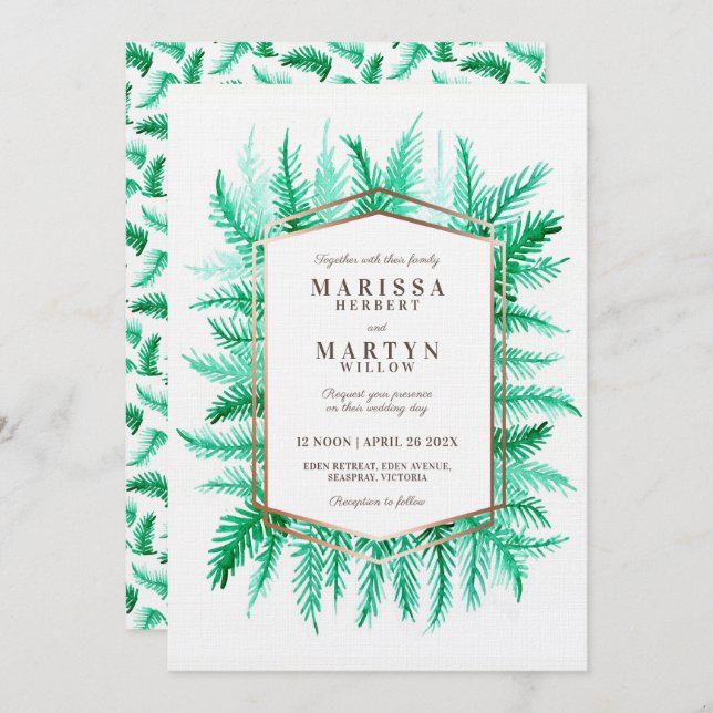 Winter evergreen foliage watercolor green wedding invitation (Front/Back)