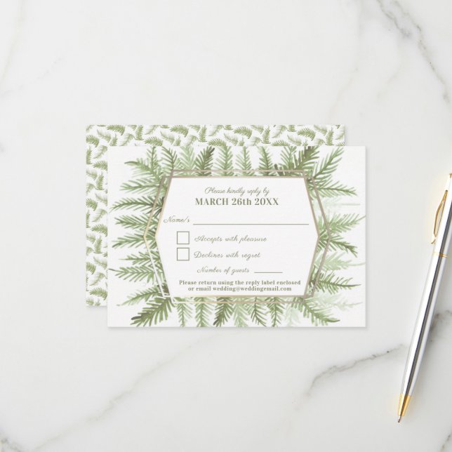 Winter evergreen foliage watercolor sage green RSVP card (Front/Back In Situ)