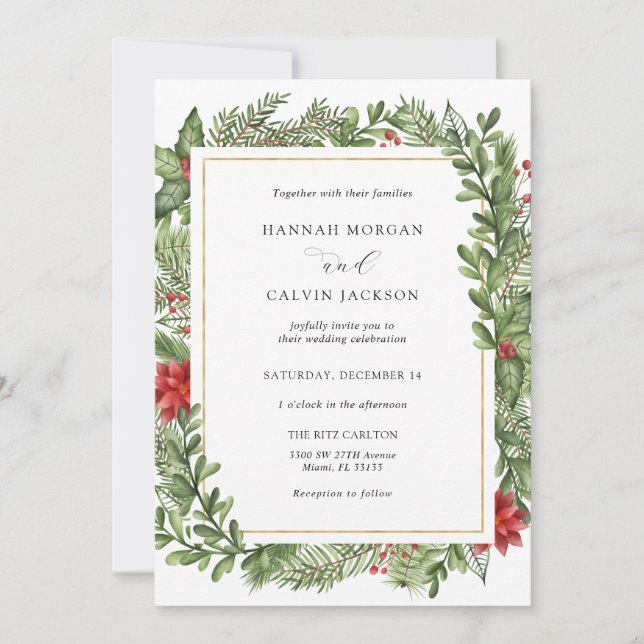 Winter Evergreen Gold Frame Wedding Invitation (Front)