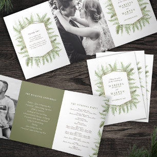 Winter evergreen olive green photo winter wedding Tri-Fold programme