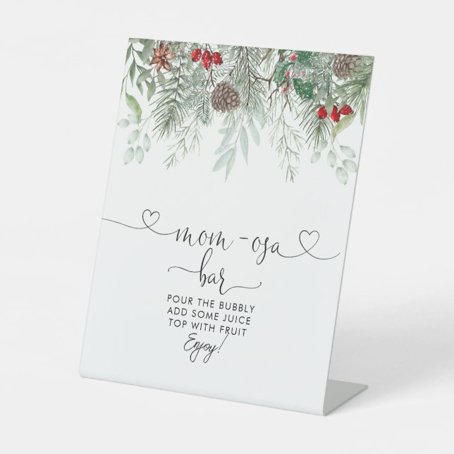 Winter Evergreen Pine Baby Shower Mum-osa Bar Pedestal Sign (Front)