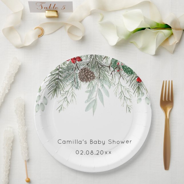 Winter Evergreen Pine Baby Shower Paper Plates (Wedding)