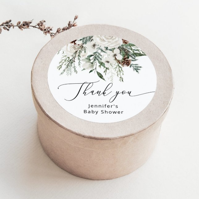 Winter evergreen pine tree baby shower  classic round sticker (Creator Uploaded)