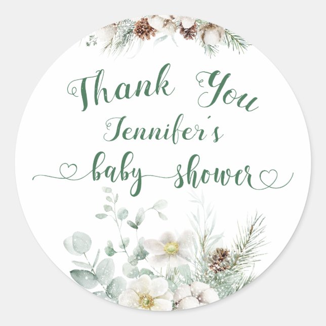Winter evergreen pine tree baby shower classic round sticker (Front)