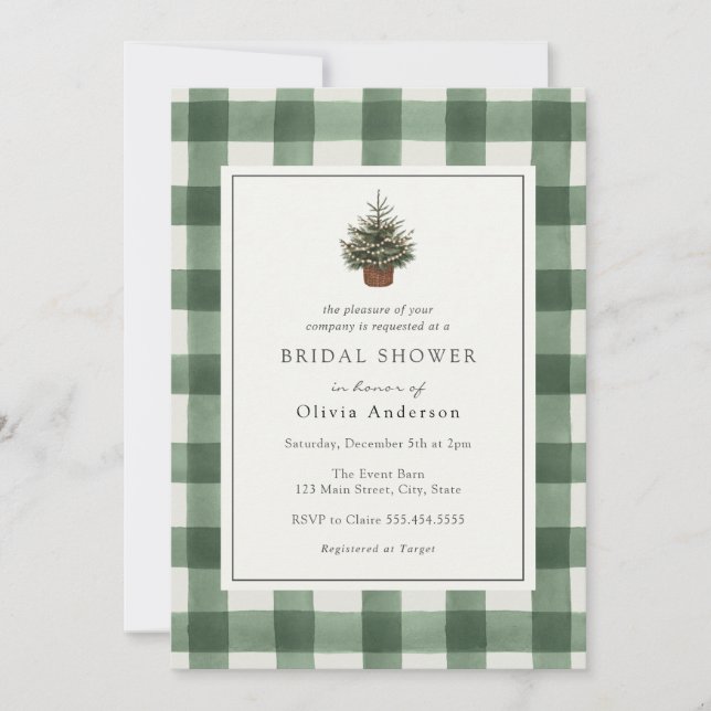 Winter Evergreen Tree Green Plaid Bridal Shower Invitation (Front)