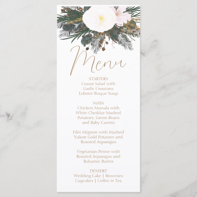 Winter Evergreen Wedding Menu Card (Front)