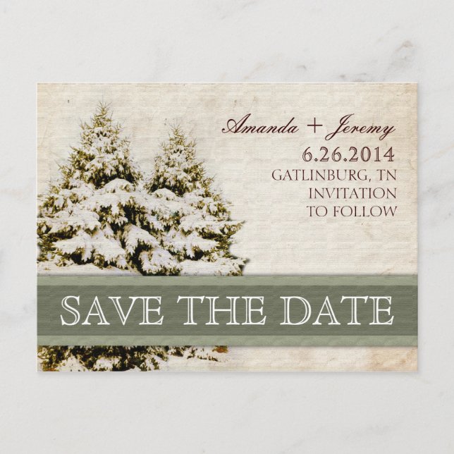 Winter Evergreens Vintage Save the Date Announcement Postcard (Front)