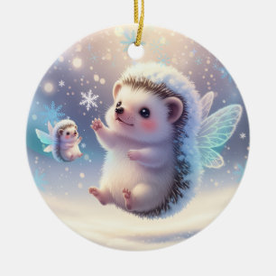 Winter Fairy Hedgehogs  – Cute Snowflake  Ceramic Ornament