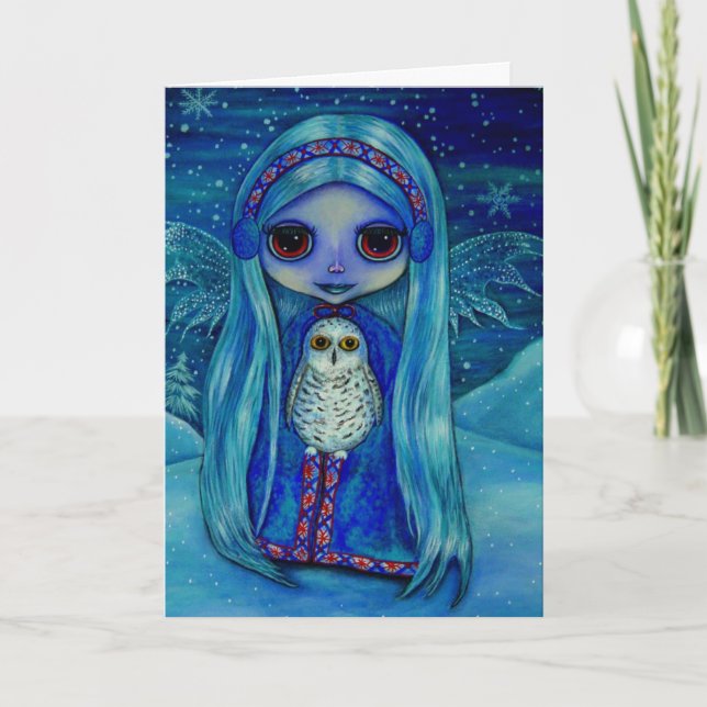Winter Fairy with Ear Muffs and Snowy Owl Friend Card (Front)