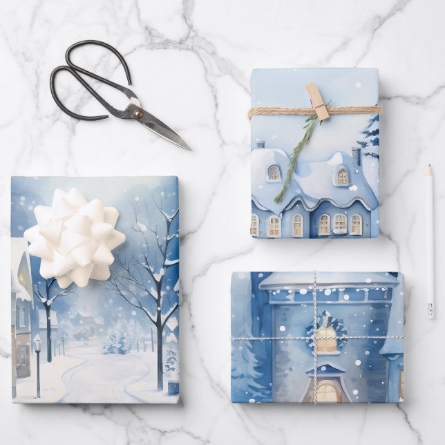 Winter Fairytale Snowy Houses Scene Blue and White Wrapping Paper Sheet (Front)