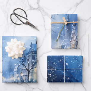 Winter Fairytale Snowy Houses Scene Blue and White Wrapping Paper Sheet