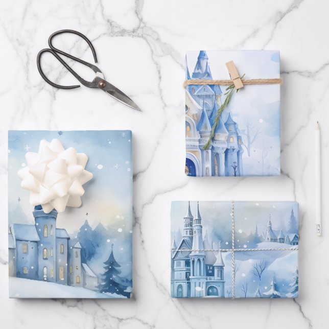 Winter Fairytale Snowy Houses Scene Blue and White Wrapping Paper Sheet (Front)