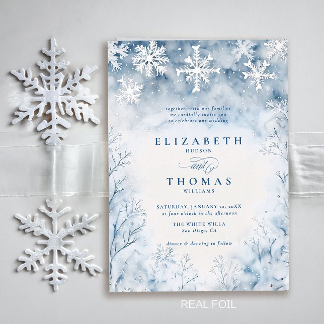 Winter Falling Snow Forest Rustic Elegant Wedding (winter wedding invitation elegant white falling snow rustic elegant forest frozen trees silver foil)