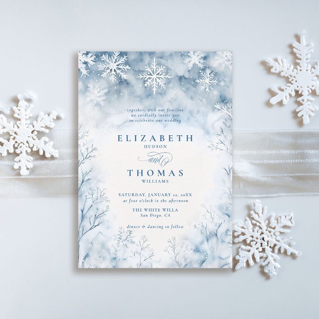 Winter Falling Snow Forest Rustic Elegant Wedding Invitation (winter wedding invitation elegant white falling snow rustic elegant forest frozen trees watercolor)