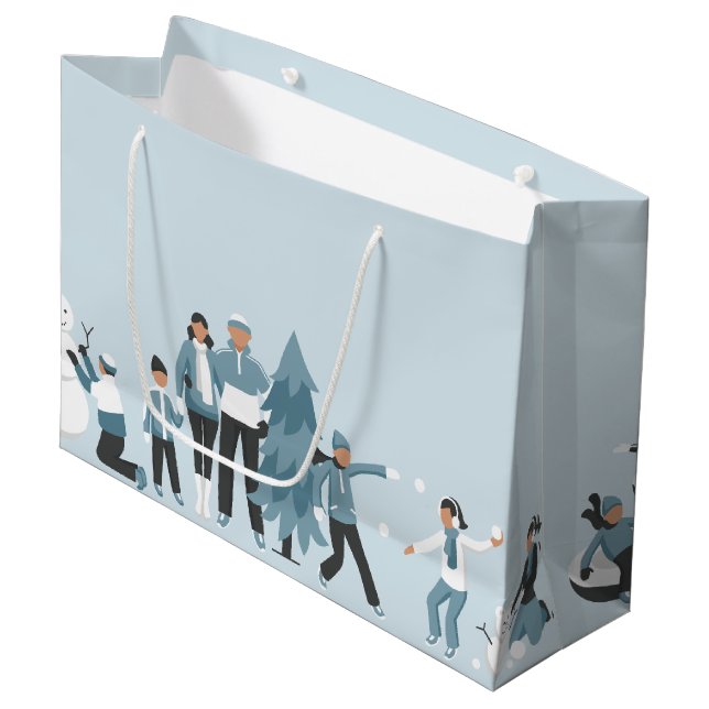 Winter Family Fun Christmas Holiday Large Gift Bag (Front Angled)