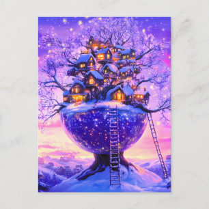 Winter Fantasy Snowy Tree Village Landscape Announcement Postcard
