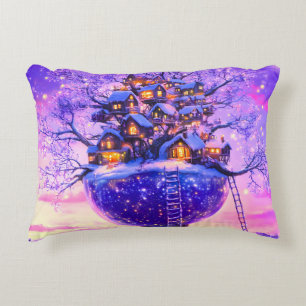 Winter Fantasy Snowy Tree Village Landscape Decorative Cushion