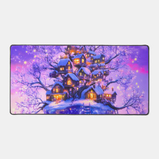 Winter Fantasy Snowy Tree Village Landscape Desk Mat