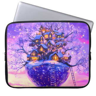 Winter Fantasy Snowy Tree Village Landscape Laptop Sleeve