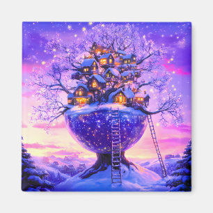 Winter Fantasy Snowy Tree Village Landscape Magnet