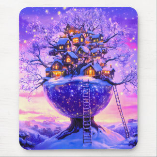 Winter Fantasy Snowy Tree Village Landscape Mouse Pad