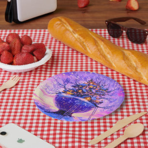 Winter Fantasy Snowy Tree Village Landscape Paper Plate