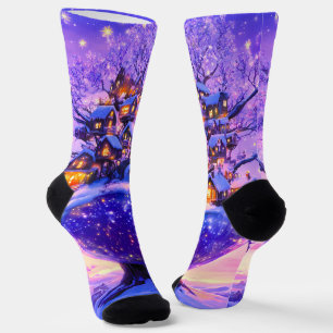 Winter Fantasy Snowy Tree Village Landscape Socks
