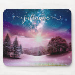 Winter Fantasy Starry Landscape with Name Mouse Pad<br><div class="desc">Beautiful mouse pad featuring a winter fantasy scene with a snow covered meadow bathed in pink and purple light and a blue starry sky above with glitter and pixie dust. The mouse pad is personalised with her name in fancy script lettering with elegant swashes on either side. Beautiful, magical, whimsical...</div>