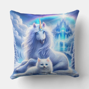 Winter Fantasy with Beautiful Unicorn and Kitten Cushion