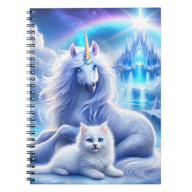 Winter Fantasy with Beautiful Unicorn and Kitten Notebook (Front)