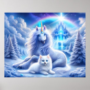 Winter Fantasy with Beautiful Unicorn and Kitten Poster