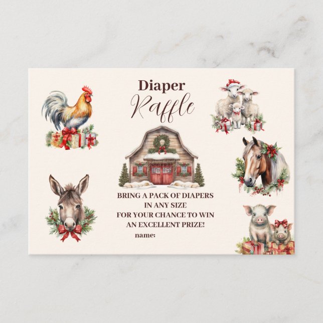 Winter Farm Animals Christmas Diapper Raffle Enclosure Card (Front)
