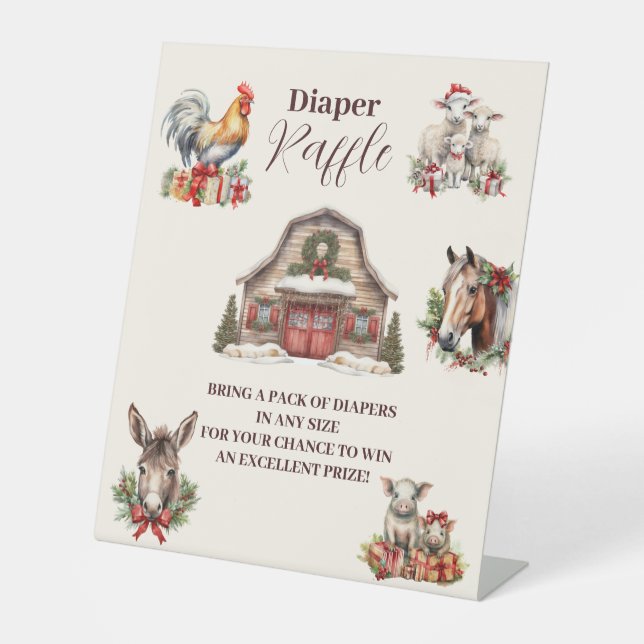 Winter Farm Animals Christmas Diapper Raffle Pedestal Sign (Front)