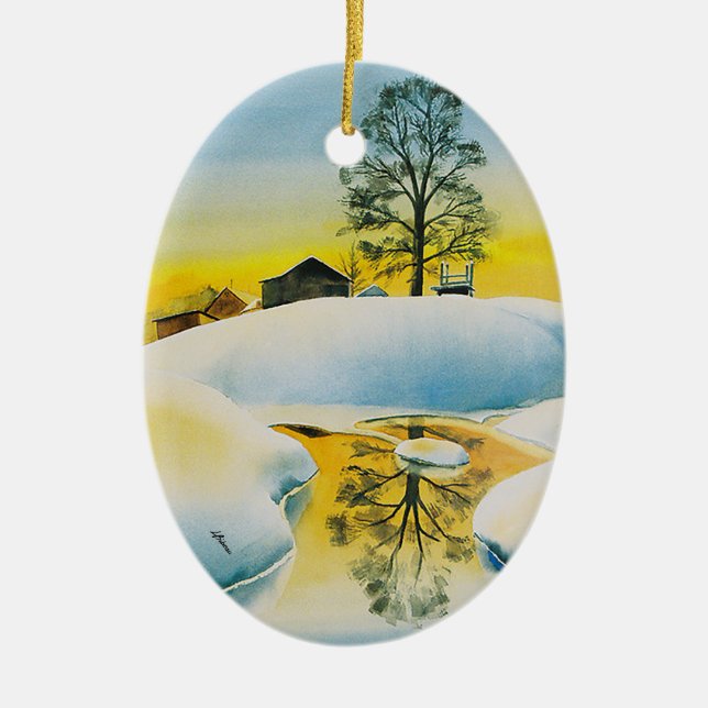 Winter Farm Ceramic Ornament (Front)