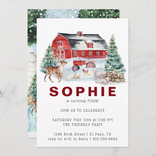 Winter Farm Theme | Barn Birthday Party Invitation (Front/Back)