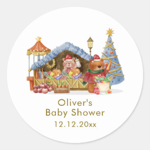 Winter Farmer Market Teddy Bear Baby Shower Classic Round Sticker